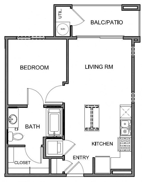 Floor plan for 1 bed, 1 bath, 625 sqft